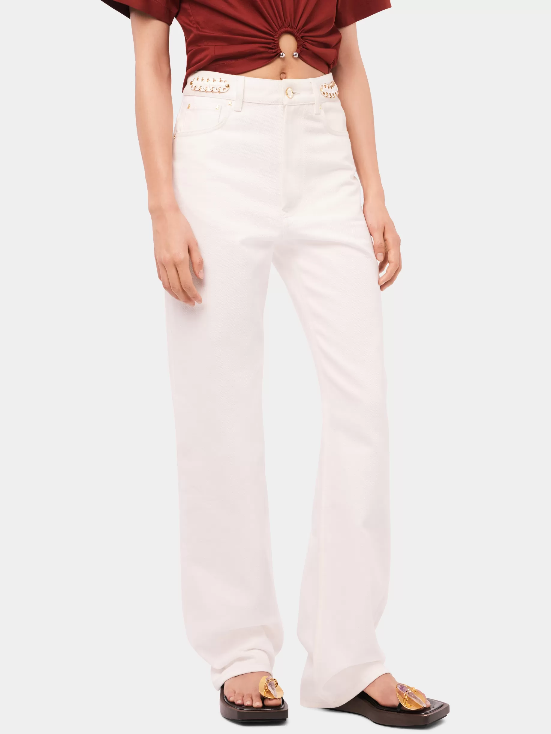 Rabanne Signature off white jeans with 1969 discs