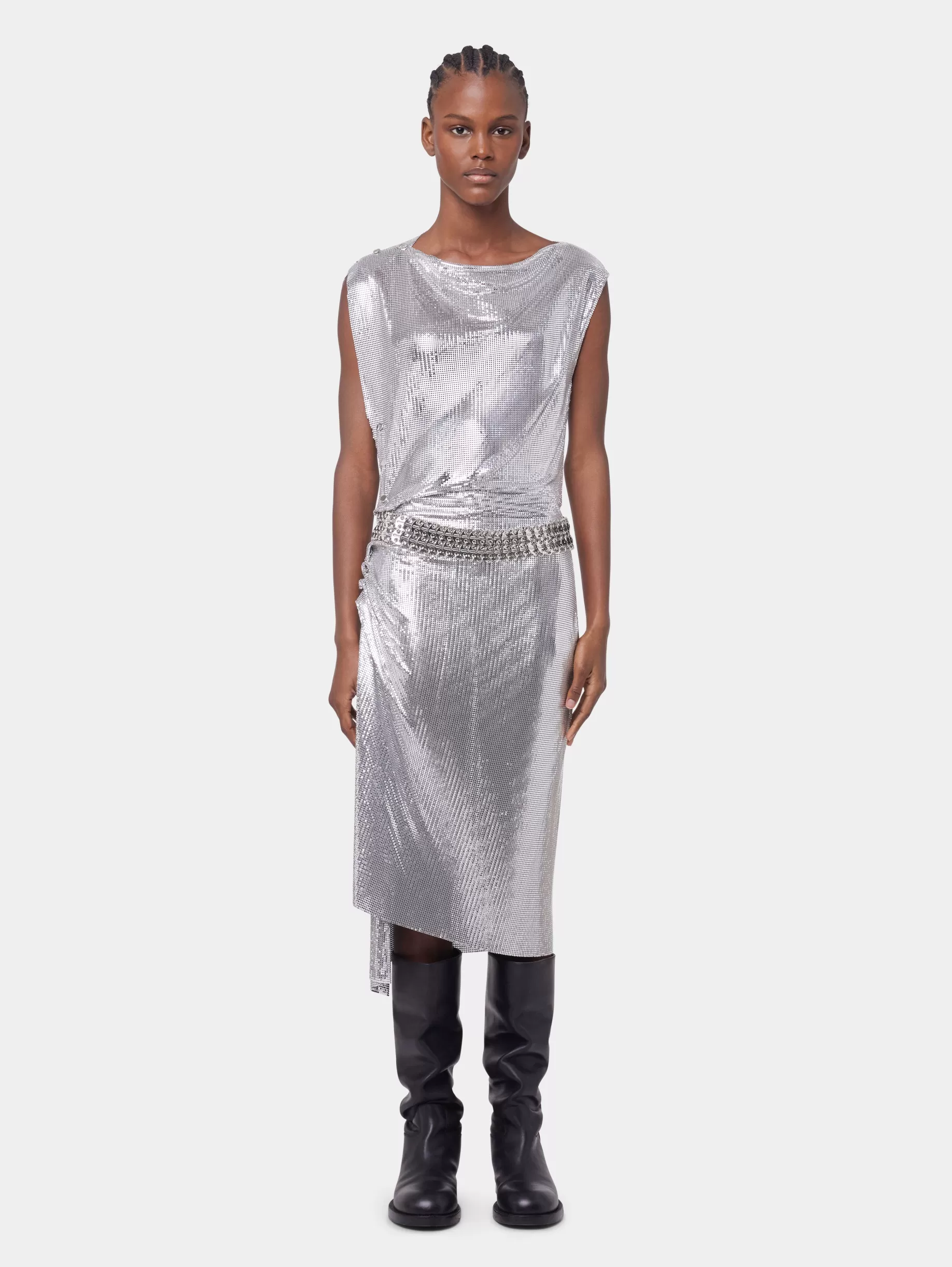 Rabanne Silver drapé pression dress in chainmail