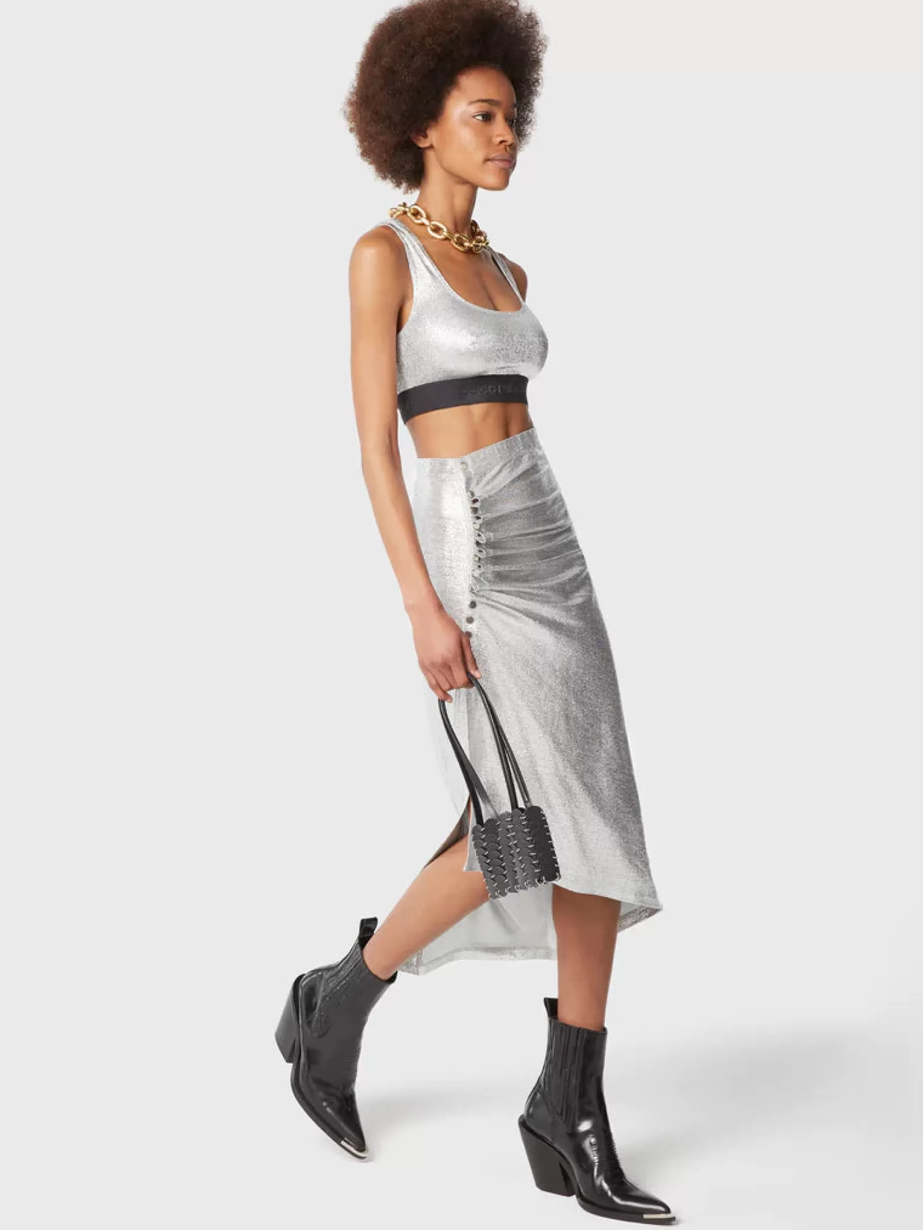 Rabanne Silver mid-length drapé pression slit skirt