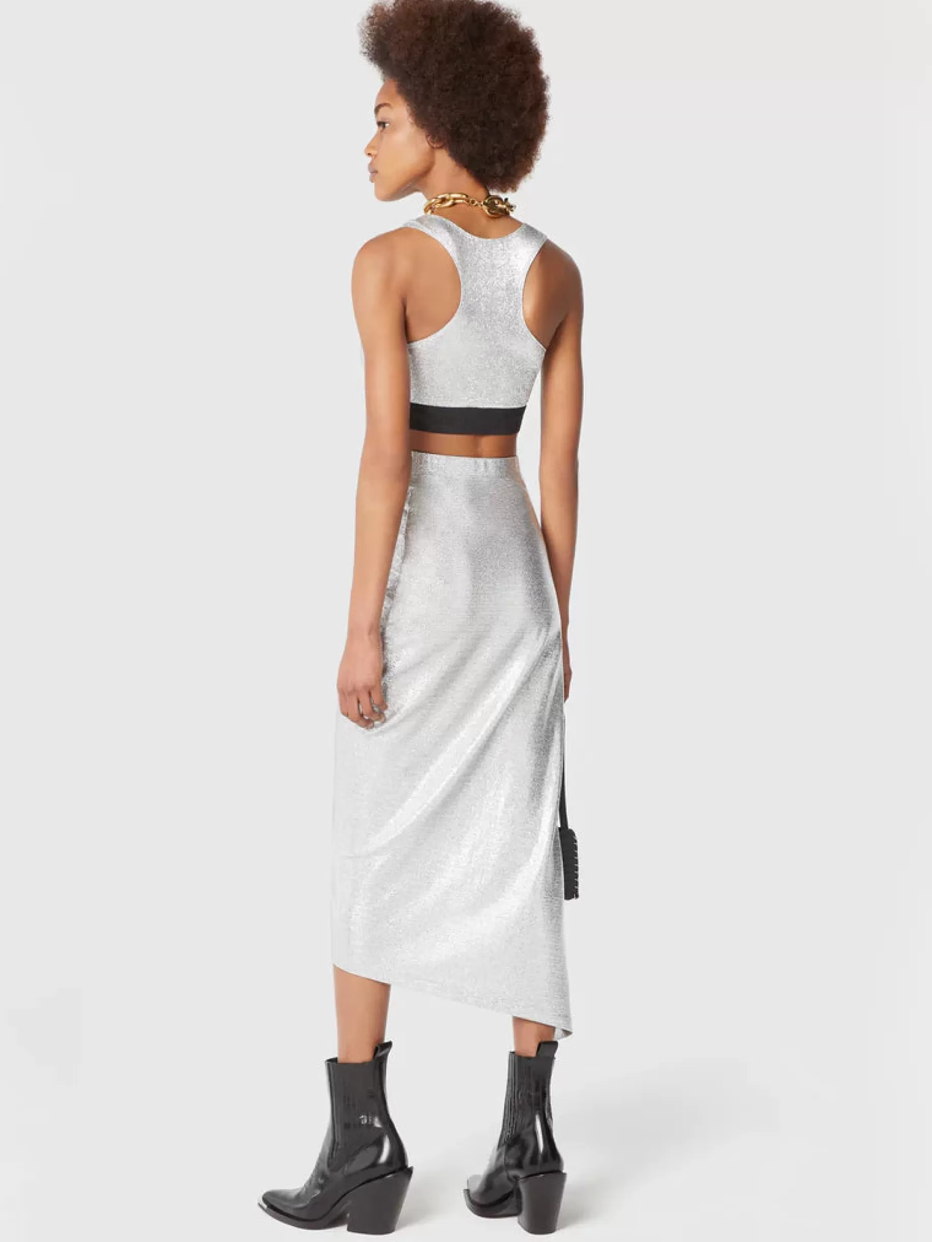 Rabanne Silver mid-length drapé pression slit skirt